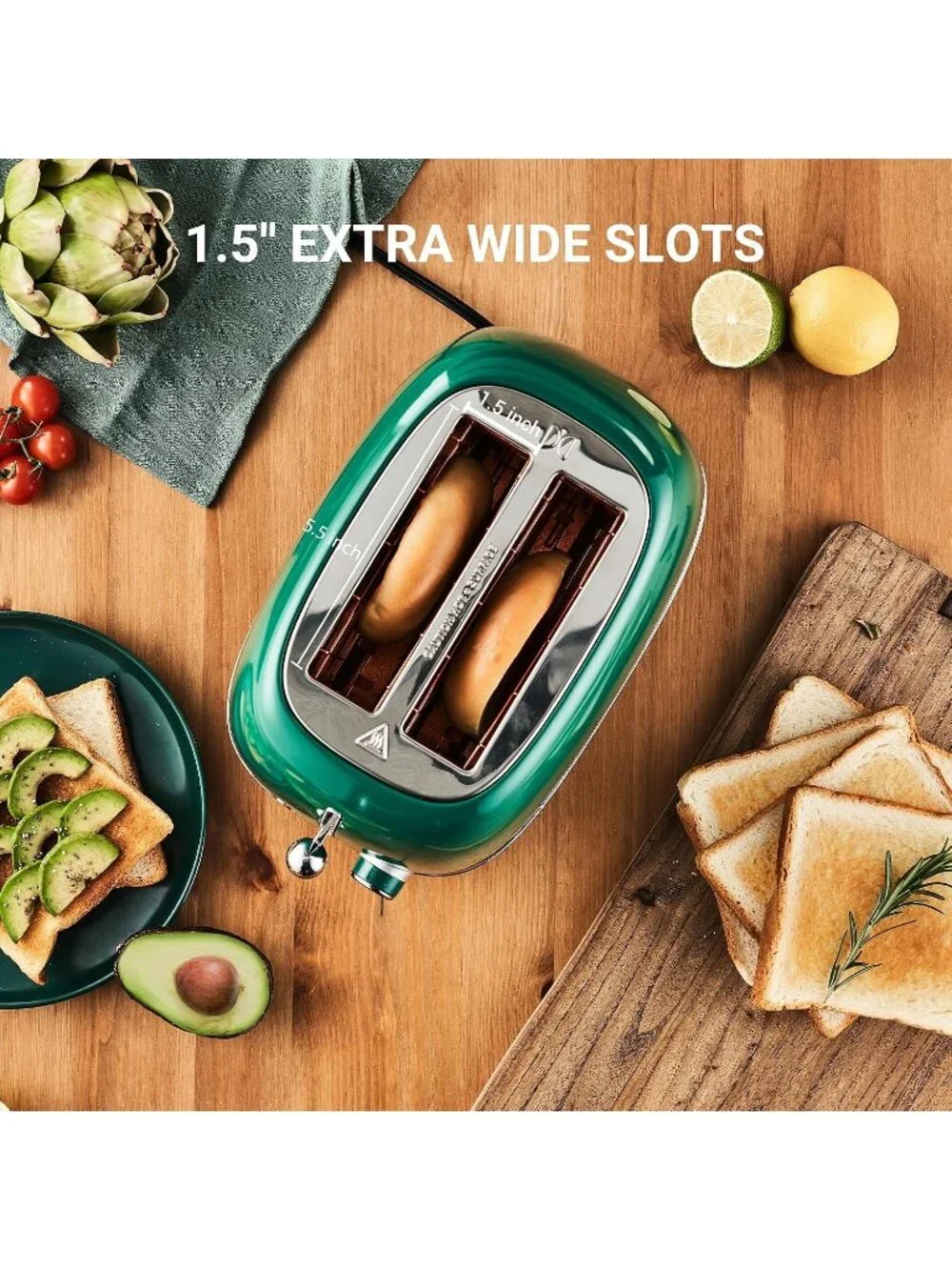 2 Slice Green Toaster Retro Stainless Steel with Bagel Defrost Functions Toaster